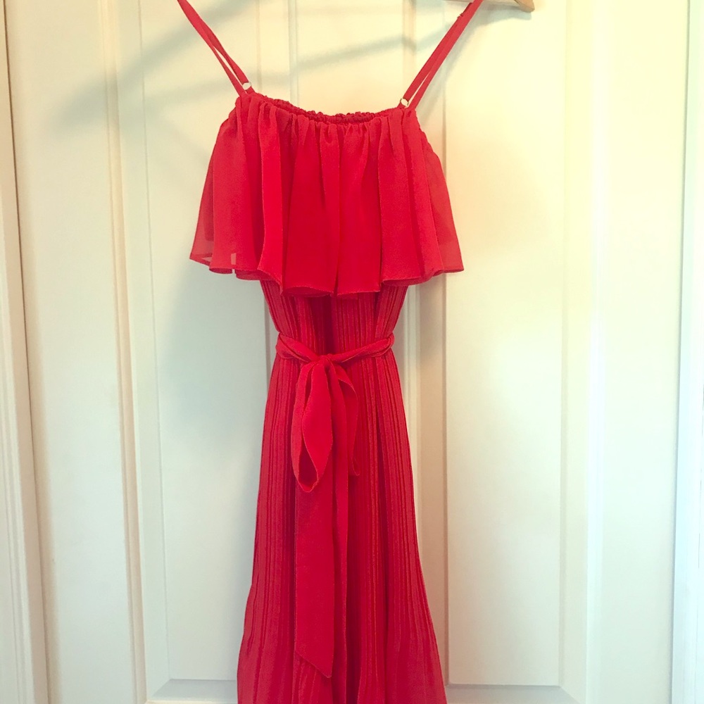 Red spaghetti strap ruffle top dress w/ribbon belt
